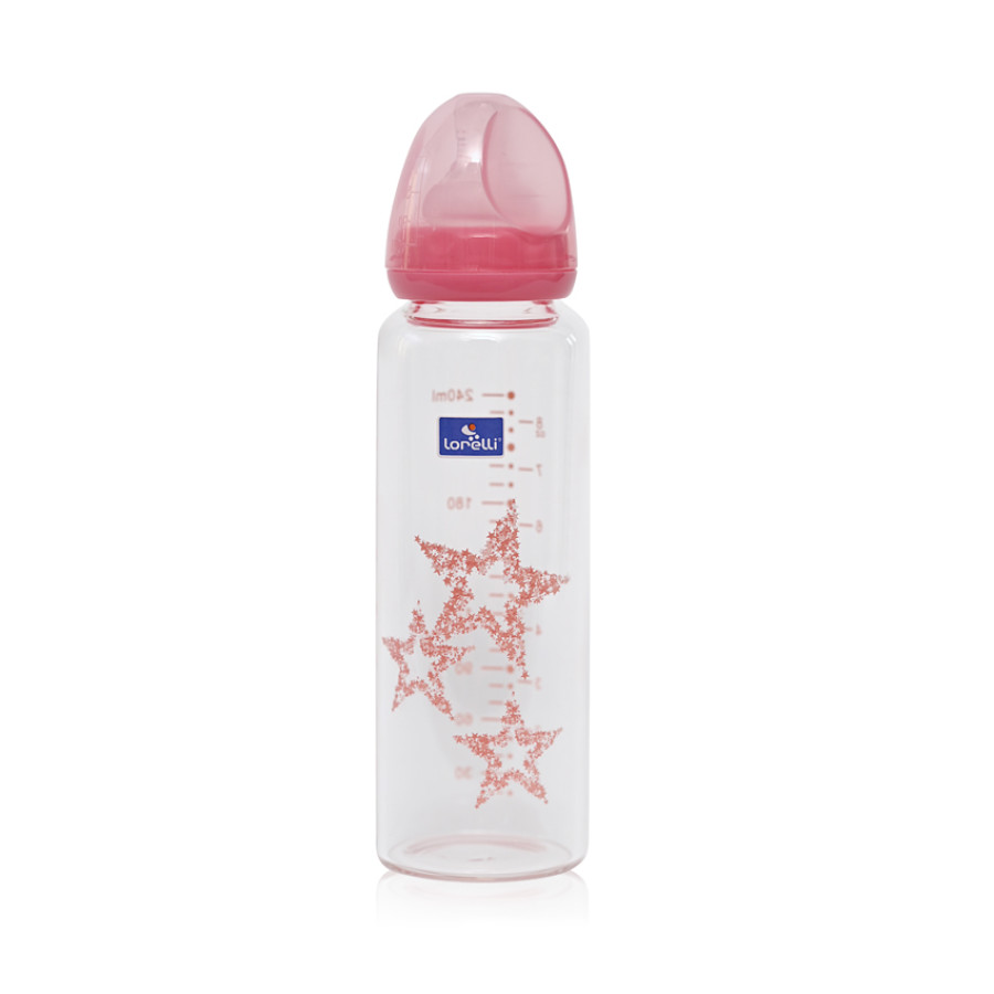 Стъклено шише с биберон anti-colic 240 мл в синьо и розово