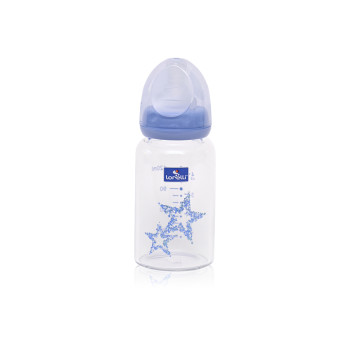 Стъклено шише с биберон anti-colic 120 мл в синьо и розово